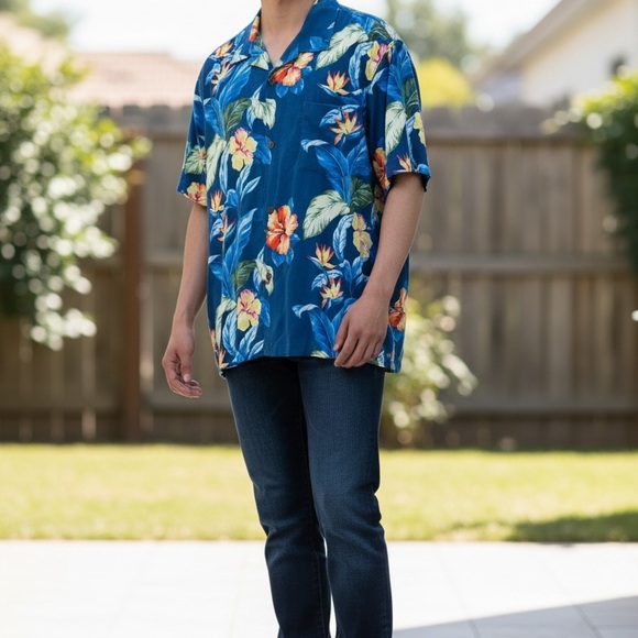 Tommy Bahama 100% Silk Men XXL Hawaiian Shirt Blue Floral Camp Button Front - Picture 5 of 12